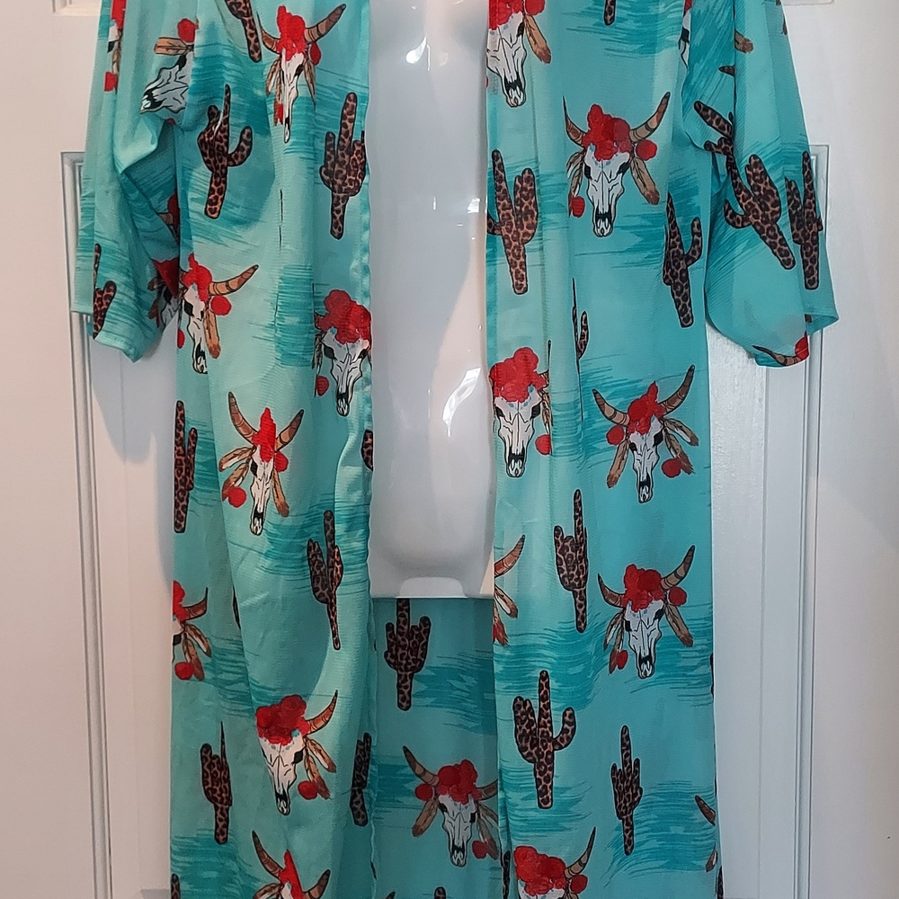 Lucky & Blessed Turquoise Kimono with Cactus Design